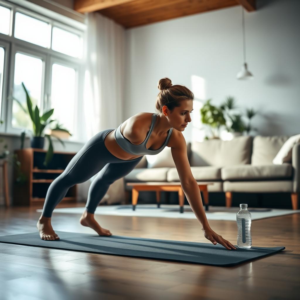 Persoană care efectuează exercițiul plank pe o saltea de yoga într-un living luminos și modern.