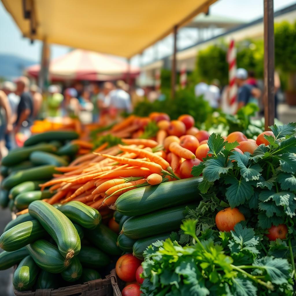 Tarabă de piață plină cu produse proaspete, inclusiv dovlecei verzi, morcovi portocalii, mere roșii și verdețuri, cu o mulțime estompată în fundal sub un cer însorit.