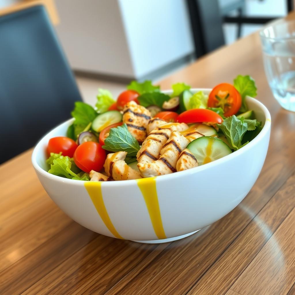 Salată de legume colorată într-un bol ceramic alb, cu verdețuri, roșii cherry, felii de castravete, ardei roșu și fâșii de pui la grătar, stropită cu ulei de măsline și oțet balsamic.