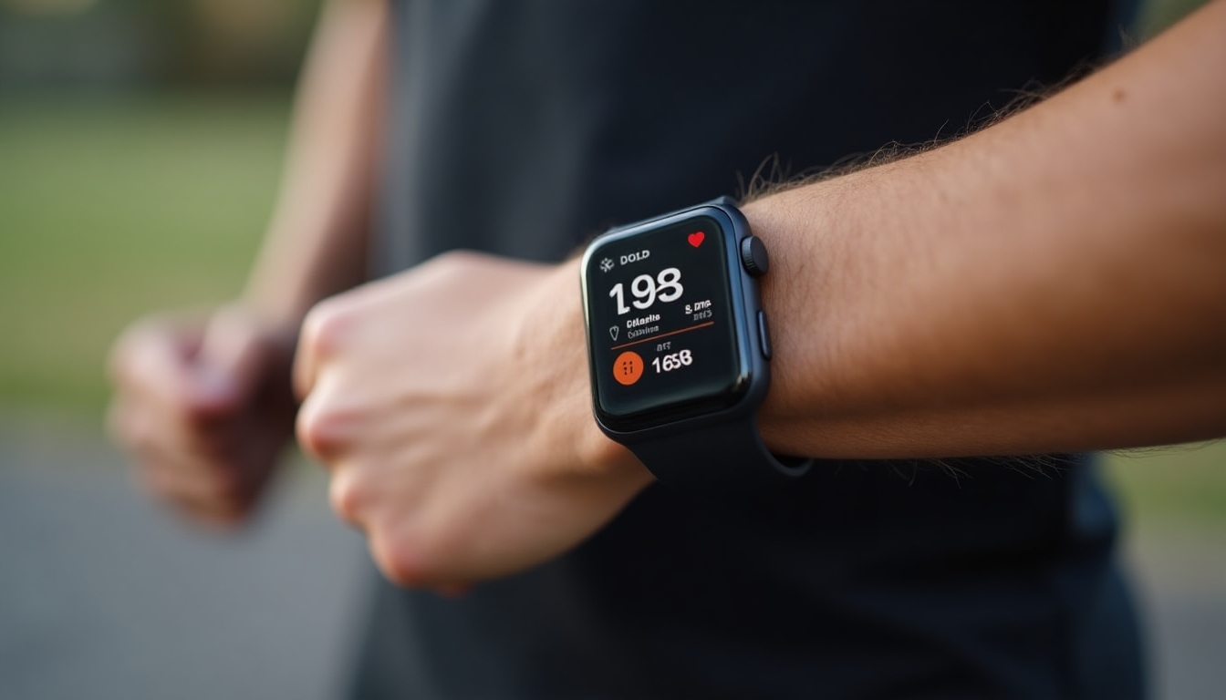 A fitness tracker showing calories burned and heart rate during a cardio session.