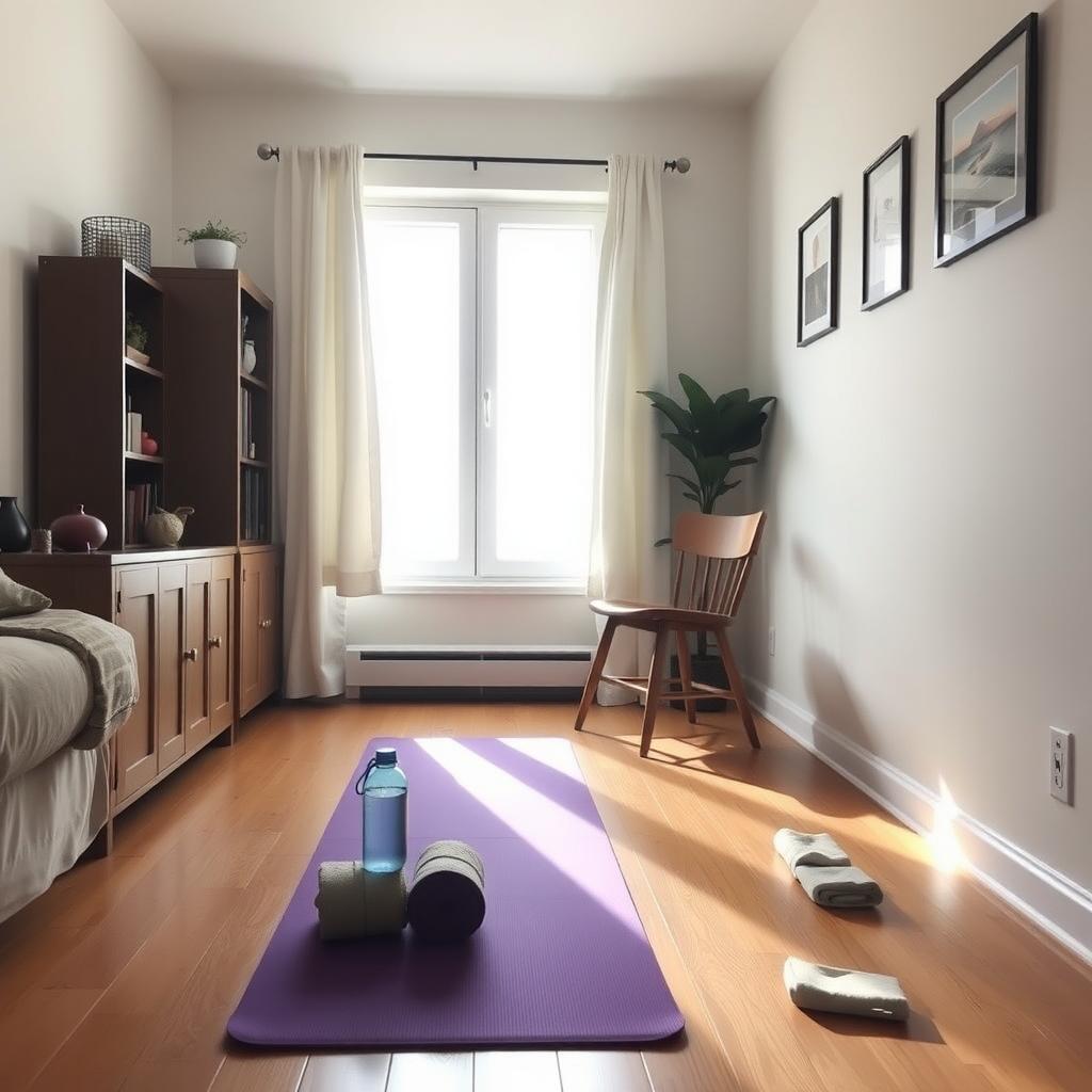 Colț confortabil al unei camere de zi amenajat pentru exerciții fizice, cu o saltea de yoga, o sticlă de apă, un prosop și un scaun.