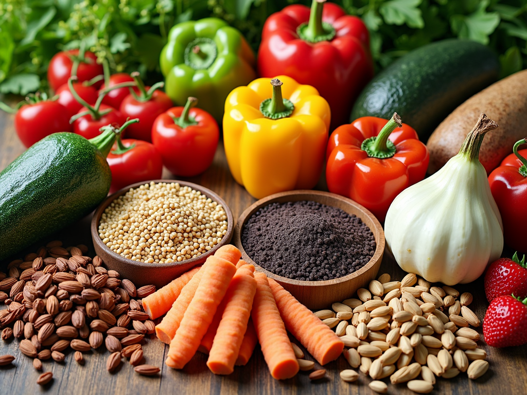 Varietate de alimente integrale, inclusiv fructe, legume, nuci și cereale integrale.