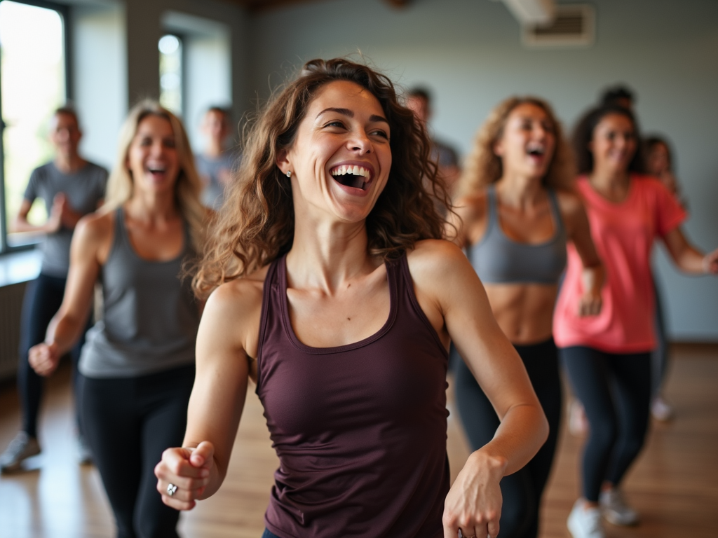 Grup de oameni dansând vesel într-o clasă de fitness