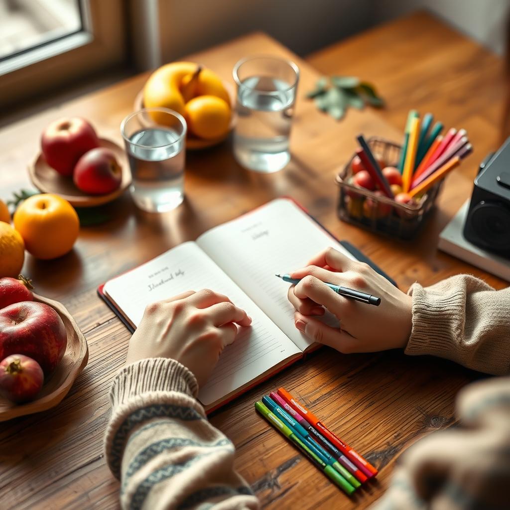 Persoană care notează într-un jurnal alimentar pe un birou din lemn, înconjurată de fructe proaspete și un pahar cu apă.