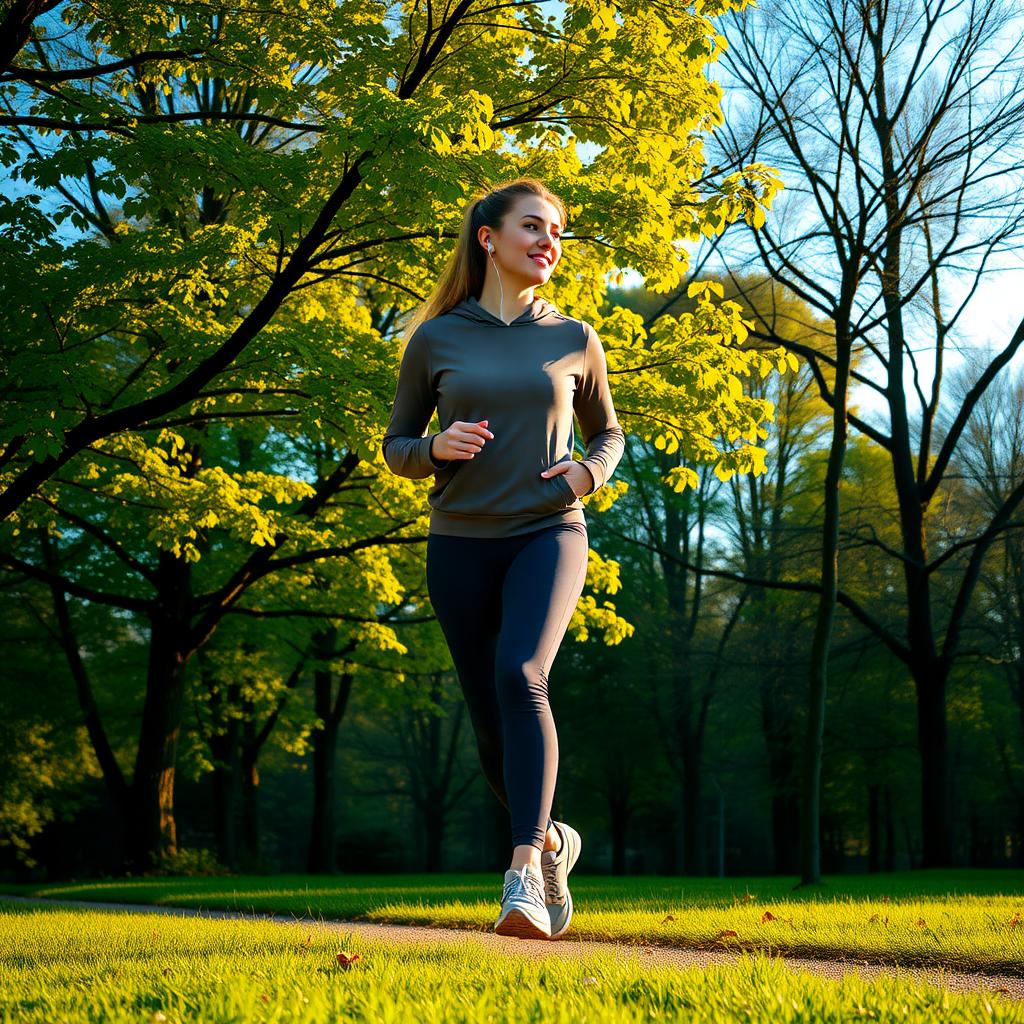 Persoană care merge pe jos într-un parc verde, purtând haine sport și căști, cu soarele dimineții filtrându-se prin copaci.