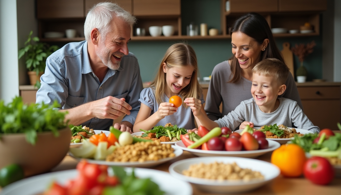 O familie savurând o masă sănătoasă împreună la masă, cu o varietate de feluri de mâncare nutritive.