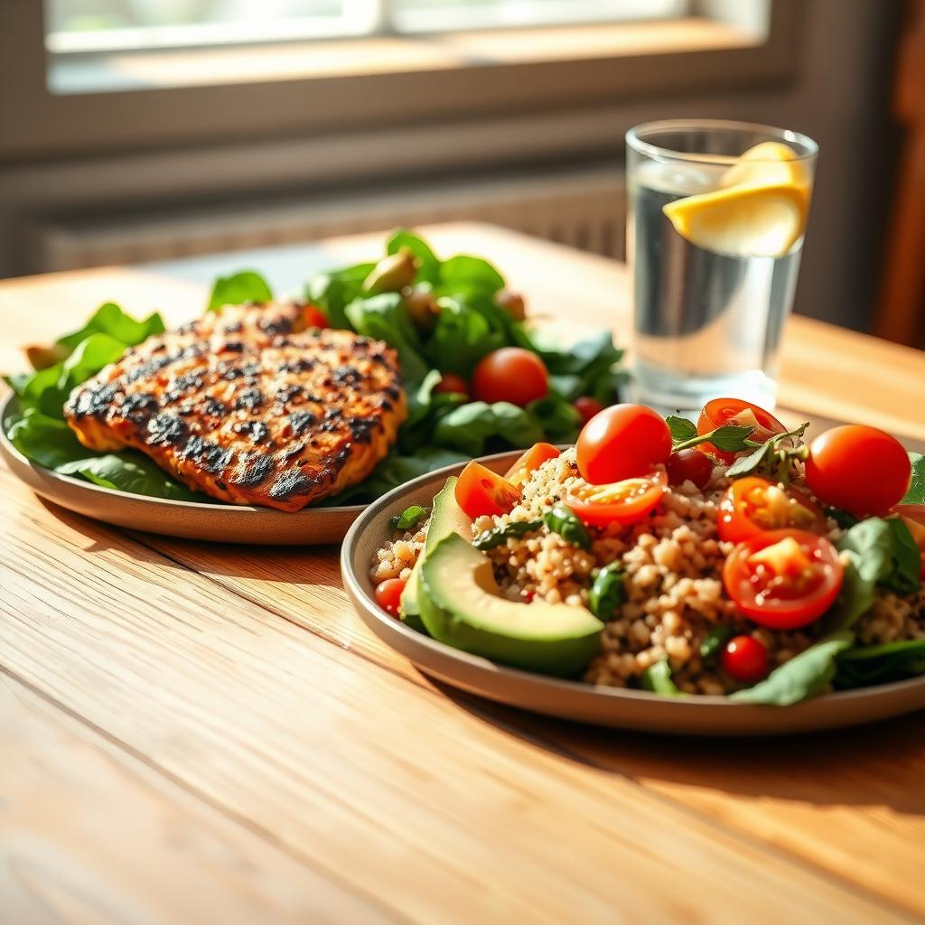 Masă echilibrată cu pui la grătar, salată de quinoa și apă cu lămâie pe o masă din lemn.