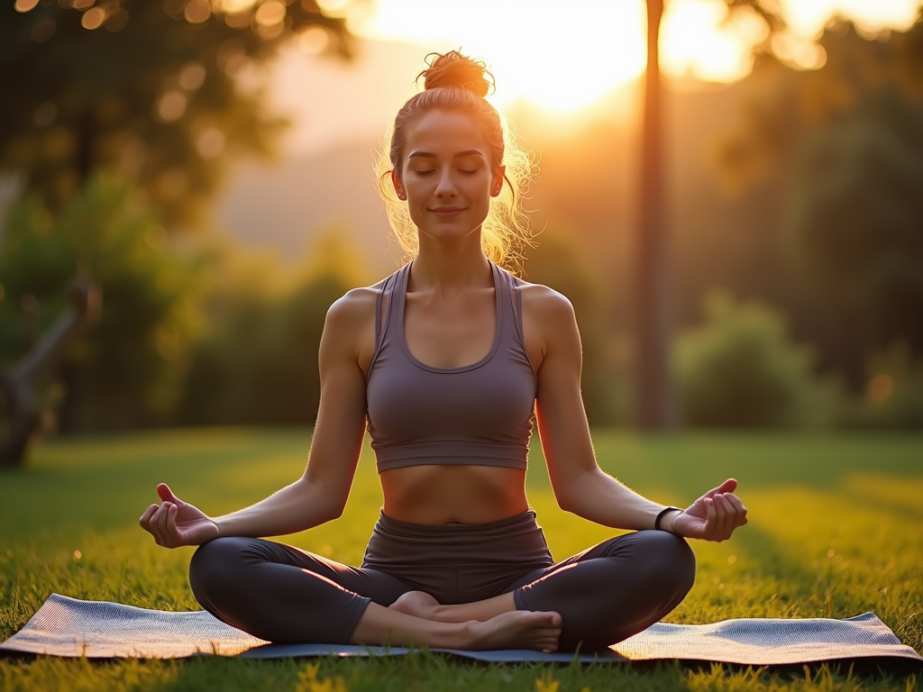 O persoană care face yoga pe o saltea într-un cadru liniștit în aer liber, cu un răsărit în fundal și o expresie calmă.