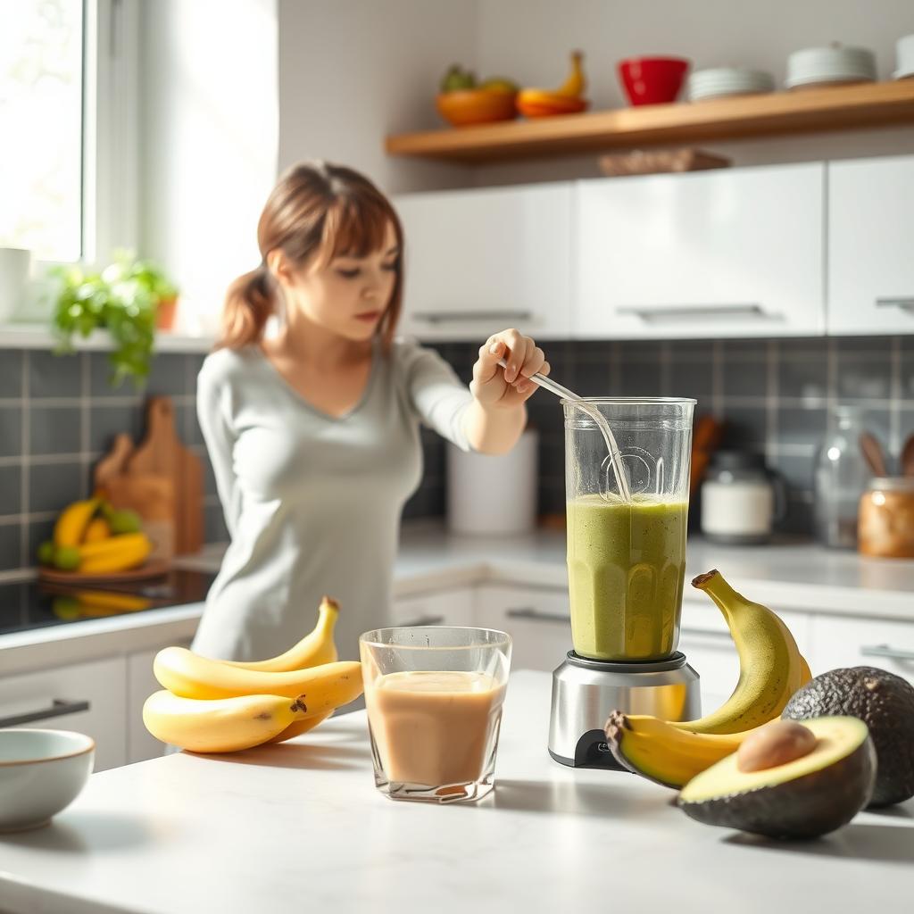 Persoană pregătind un smoothie sănătos acasă, cu fructe proaspete pe blat, într-o atmosferă luminoasă.