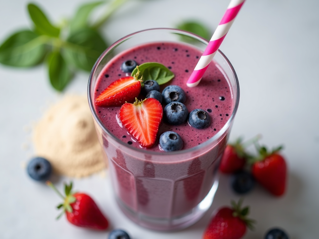 Un smoothie post-antrenament într-un pahar, cu fructe de pădure, spanac și pudră de proteine, gata de băut, simbolizând nutriția pentru recuperare.