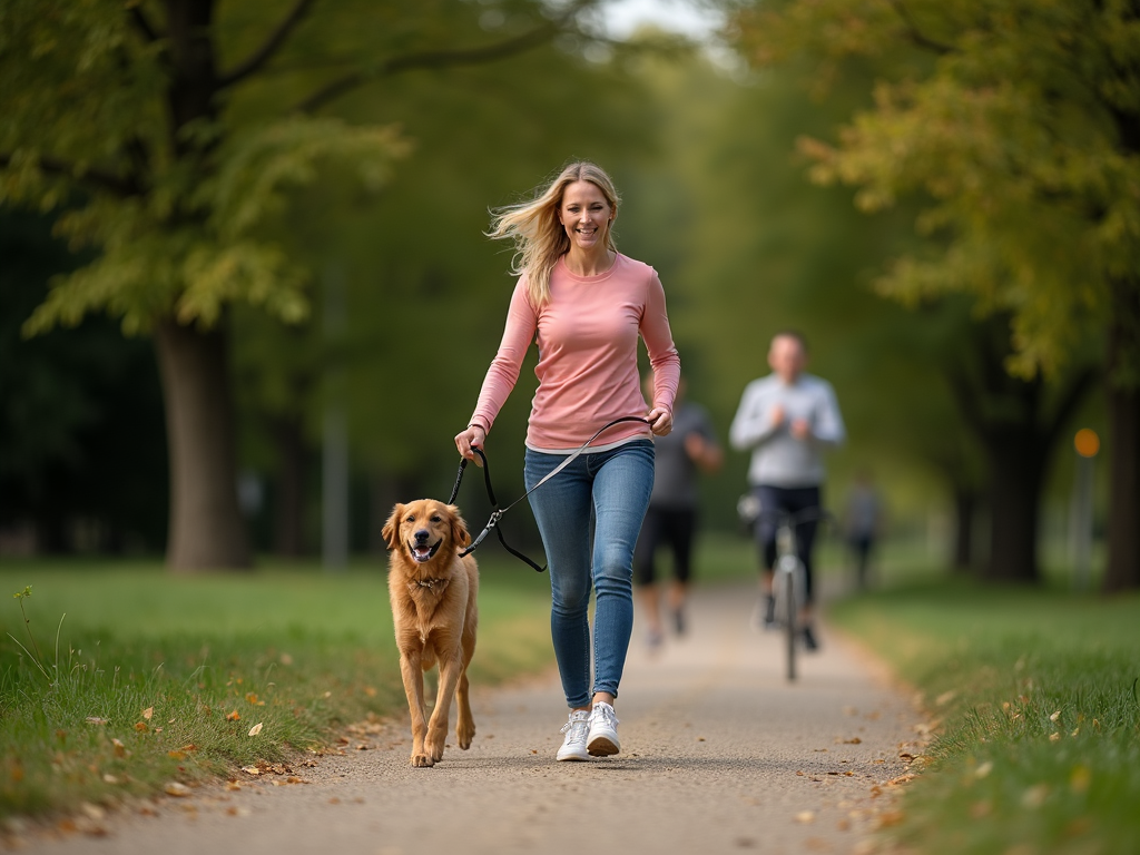 Persoană care merge fericită în parc cu un câine