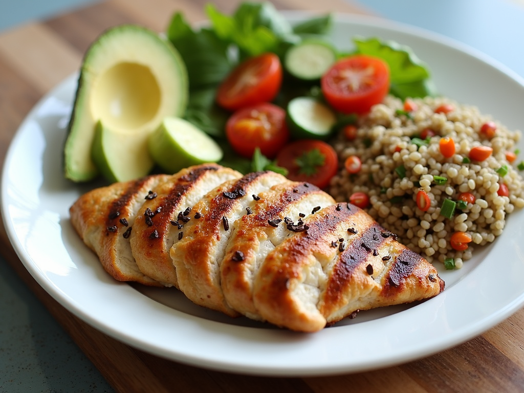 O farfurie colorată cu o masă echilibrată: pui la grătar, quinoa, avocado și legume mixte.
