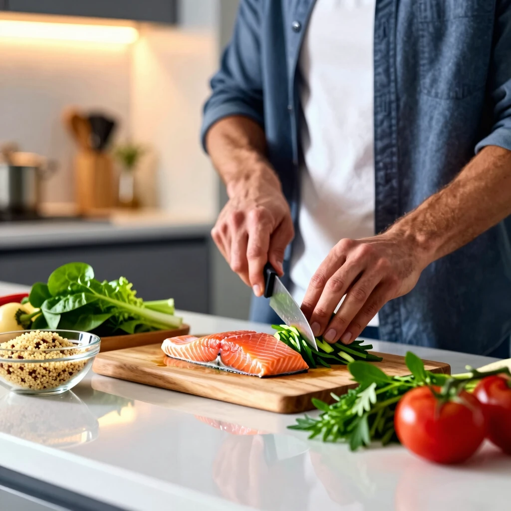 Persoană pregătind o cină sănătoasă în bucătărie modernă, tăind legume proaspete alături de pește și quinoa