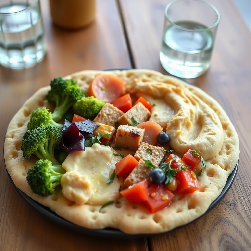 Farfurie sănătoasă cu legume proaspete, pui și hummus, lângă un pahar cu apă și lămâie.