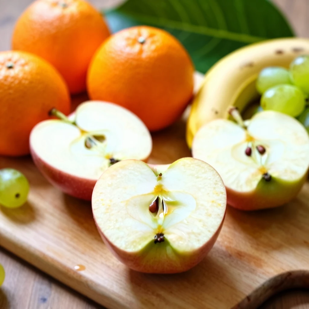 Tăietură de fructe proaspete pe o placă de lemn cu mere, portocale, banane și struguri