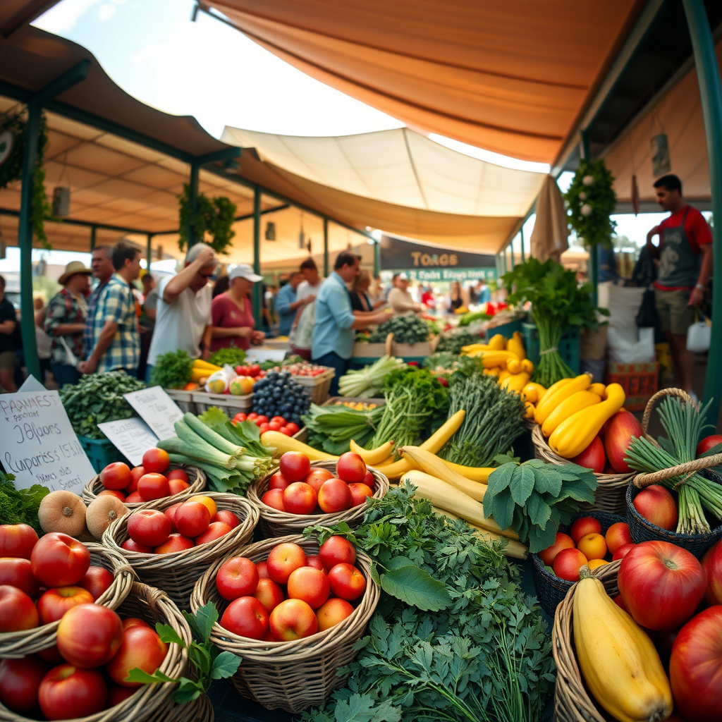 Piață cu fructe și legume proaspete, plină de culoare și viață