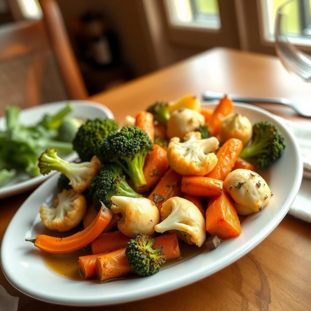 Farfurie cu legume coapte, inclusiv broccoli, conopidă și morcovi, asezonate cu ierburi și ulei de măsline, pe o farfurie albă.