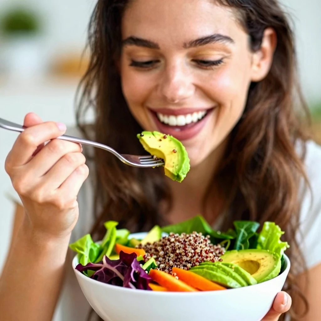 O femeie tânără zâmbind fericită în timp ce mănâncă un bol colorat cu salată sănătoasă plină de verdețuri, legume, quinoa și avocado