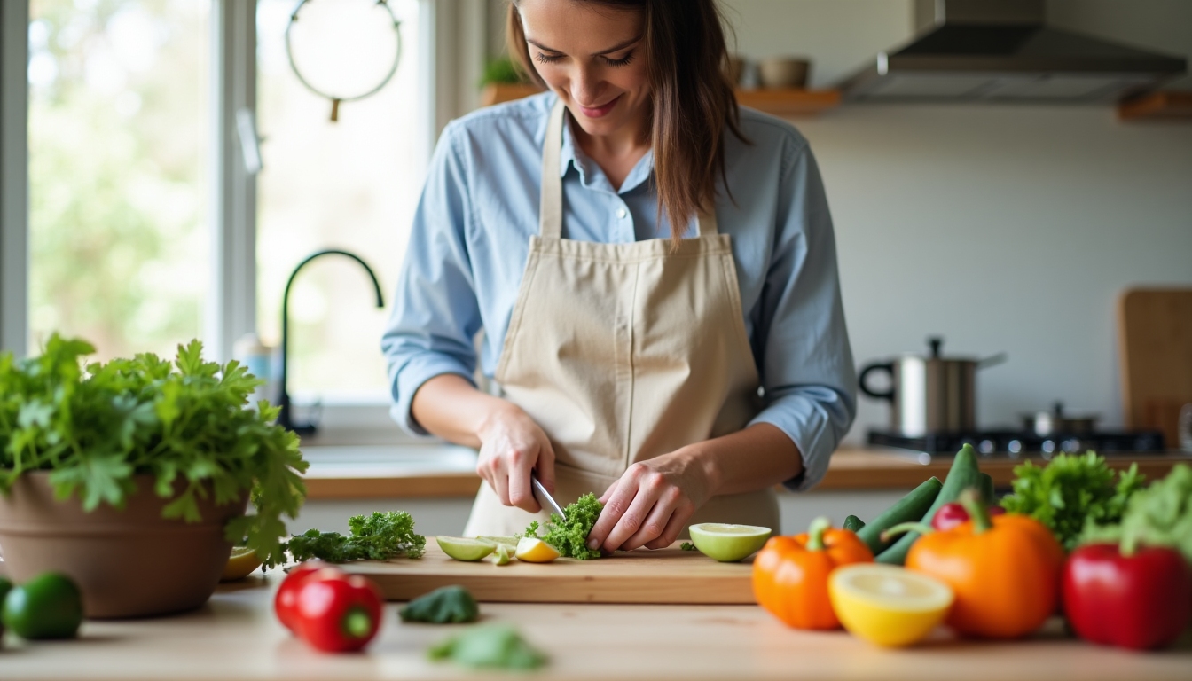 O persoană pregătind o masă sănătoasă într-o bucătărie modernă, cu accent pe alimente integrale și proaspete.