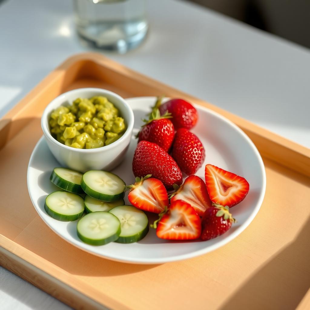 Tăviță cu felii de castravete, un bol mic de guacamole și căpșuni proaspete, așezate pe o farfurie albă din ceramică.