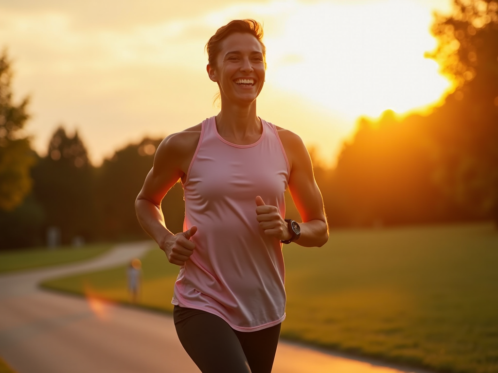 Persoană care aleargă într-un parc la răsărit, purtând haine confortabile de sport și zâmbind încrezătoare.
