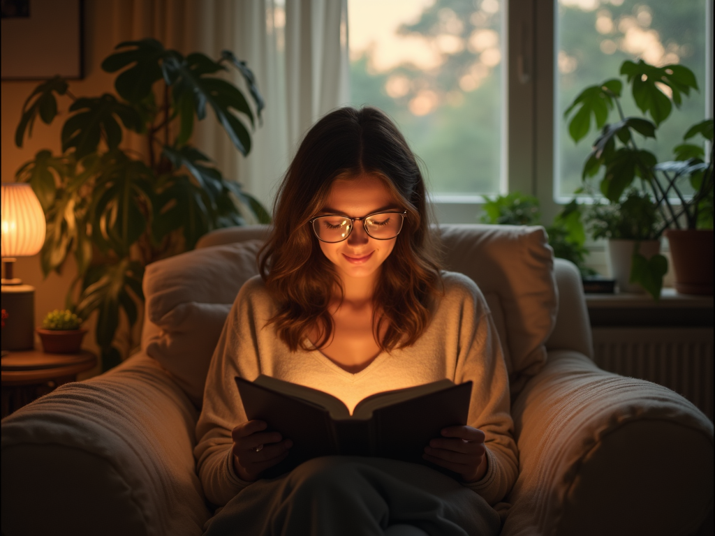 O persoană stând confortabil într-o cameră cozy, citind o carte cu o expresie pașnică, înconjurată de plante și lumină blândă.