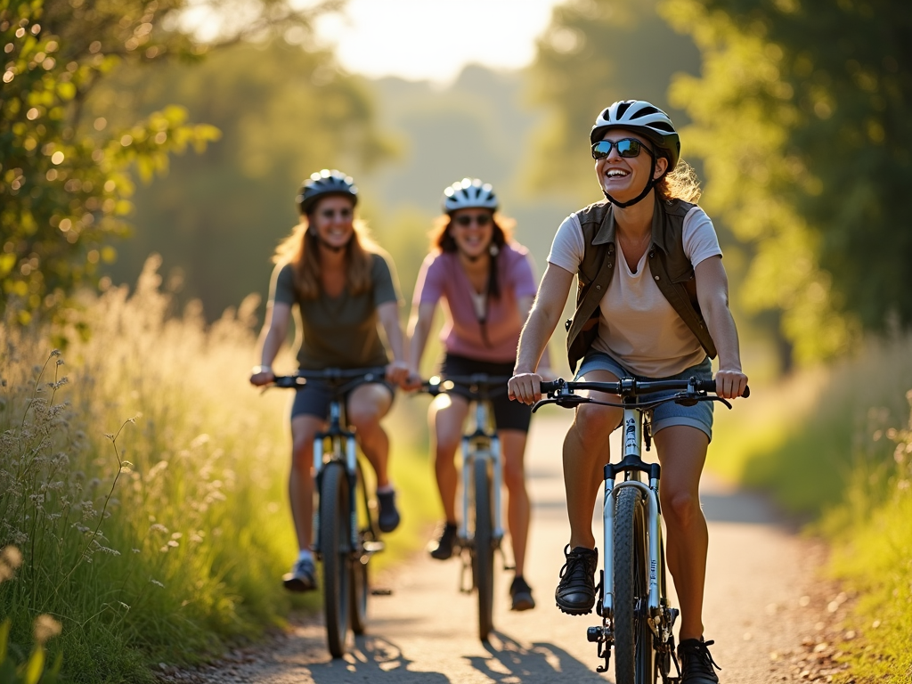 Grup de prieteni care merg cu bicicleta pe un traseu în natură