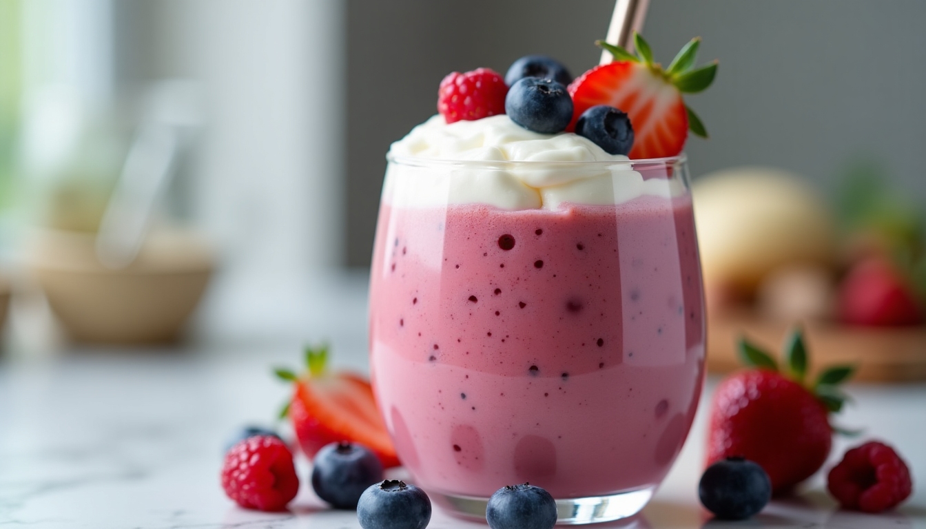 A refreshing berry smoothie in a tall glass with berries and yogurt spooned over the top.