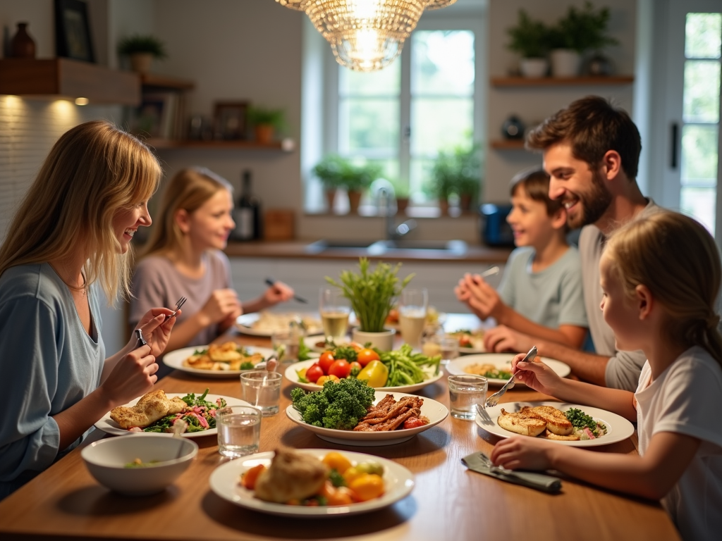 O familie stând în jurul mesei, savurând o masă gătită acasă, cu o varietate de feluri sănătoase precum salate, pui la grătar și legume aburite, într-o bucătărie confortabilă și bine luminată.