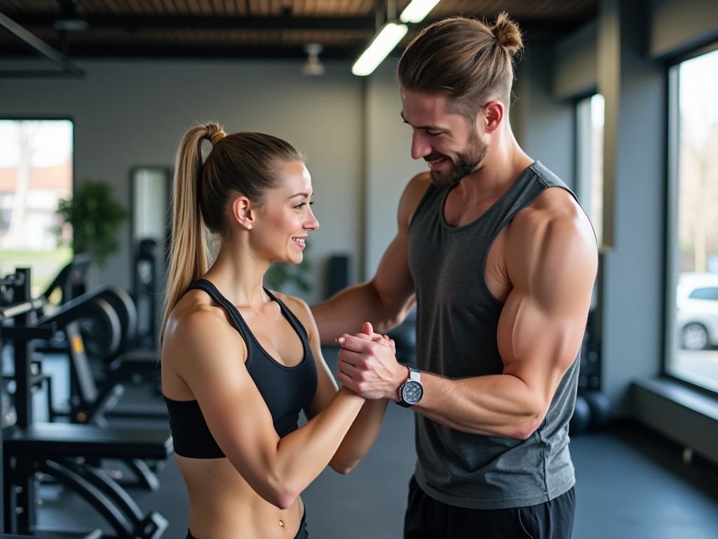 Imagine cu un antrenor personal ce ghidează o persoană la sala de sport, simbolizând suportul profesional în programele de slăbit.