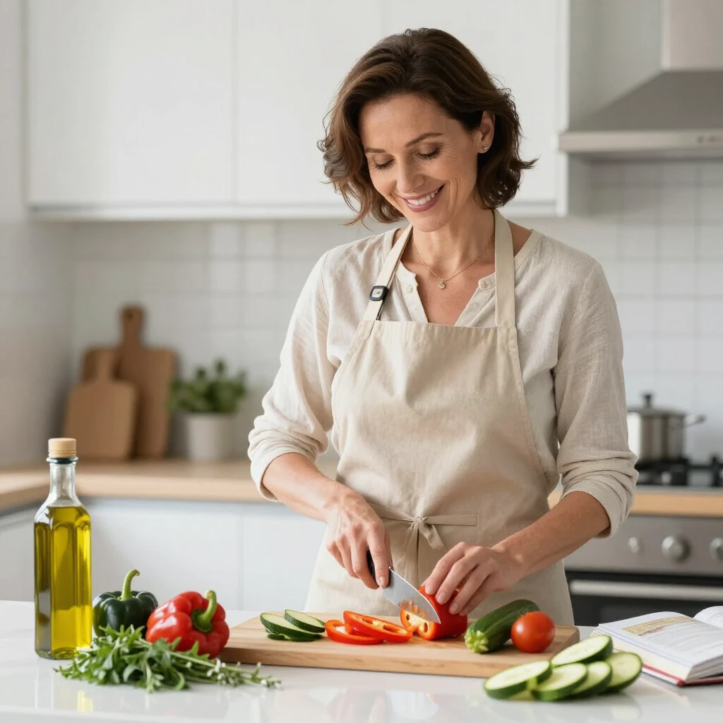 Femeie zâmbitoare pregătind legume proaspete în bucătărie modernă