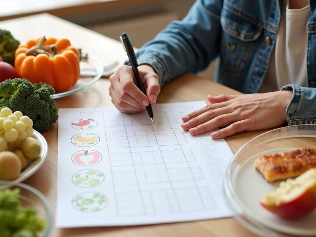 O persoană care scrie un plan de masă cu opțiuni alimentare sănătoase, cum ar fi fructe, legume și proteine slabe.