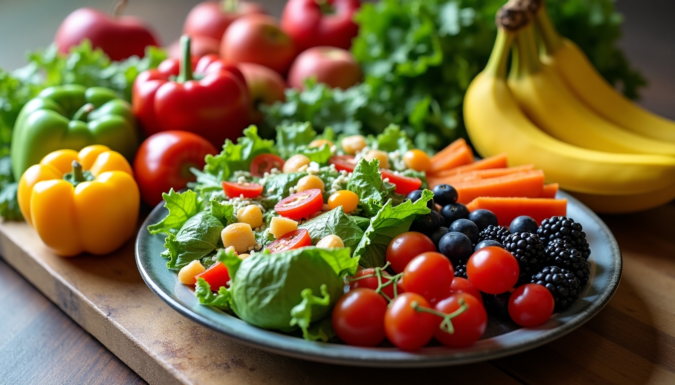 O masă echilibrată cu legume și fructe proaspete, bogate în nutrienți esențiali.