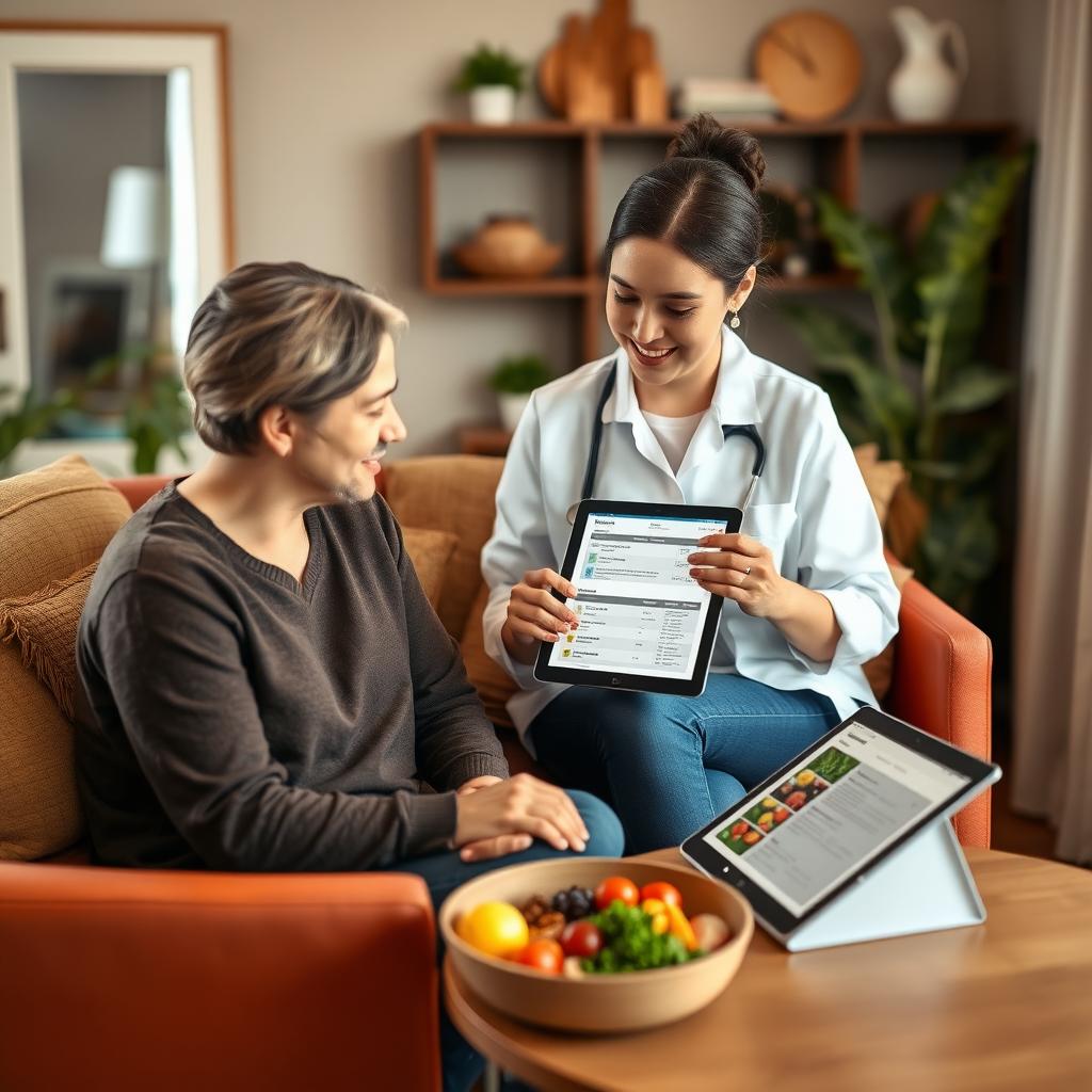 Persoană care discută cu un nutriționist într-un birou confortabil, analizând un plan de masă pe tabletă.