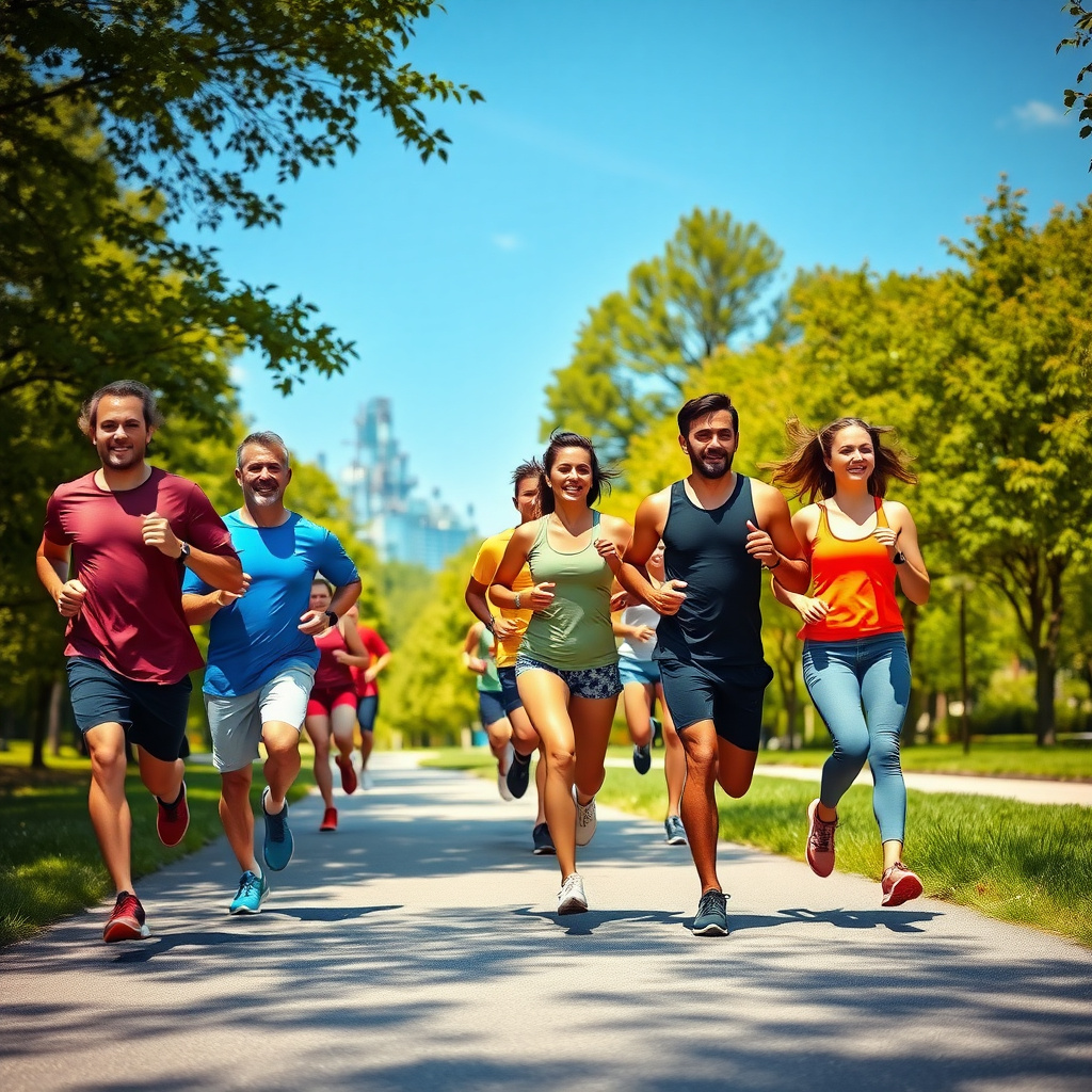 Grup de oameni alergând în parc, ilustrând beneficiile cardio pentru slăbit