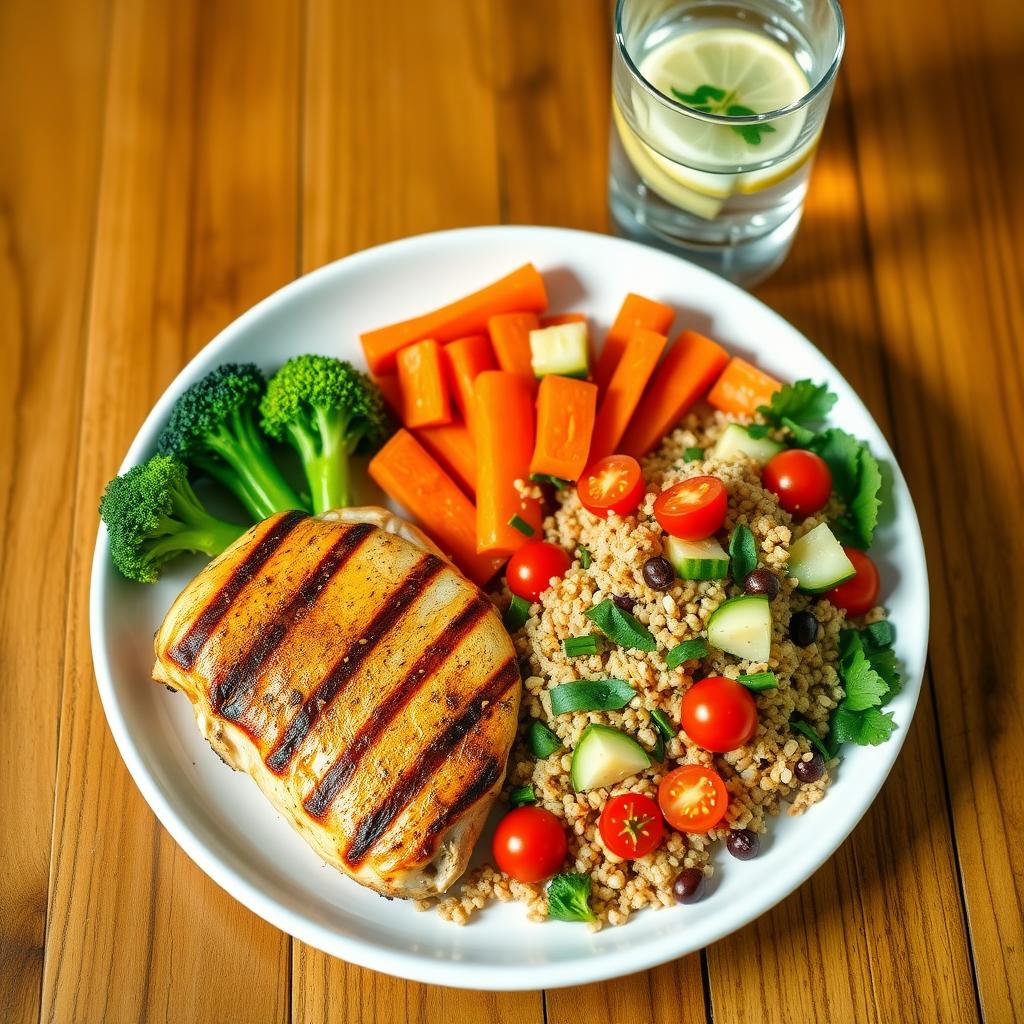 Masă sănătoasă cu piept de pui la grătar, broccoli, morcovi și salată de quinoa, decorată cu ulei de măsline și semințe de susan, alături de un pahar cu apă infuzată cu lămâie.
