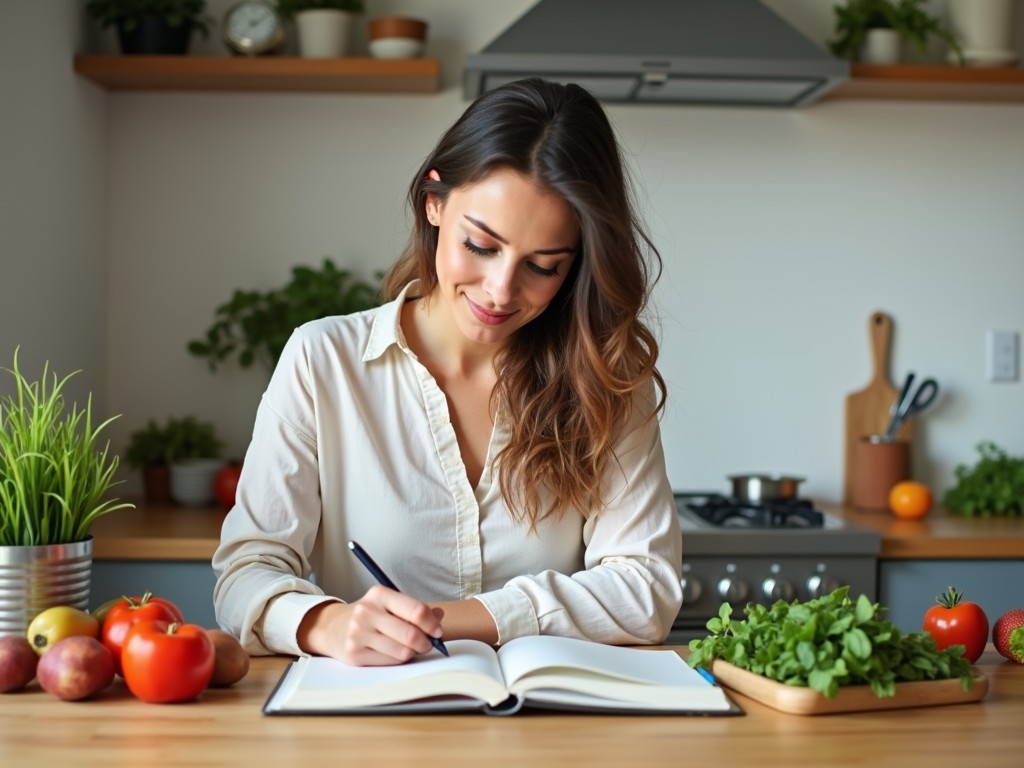 O femeie care își scrie un jurnal alimentar la o masă într-o bucătărie modernă.
