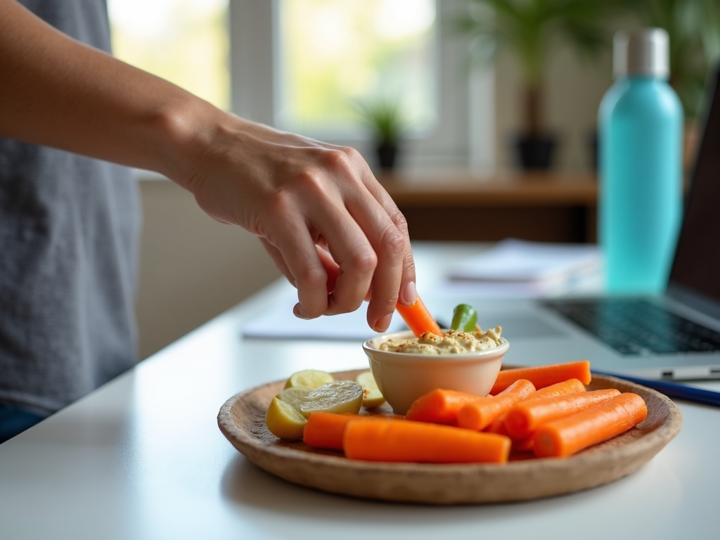 Gustare sănătoasă la birou cu morcovi și hummus