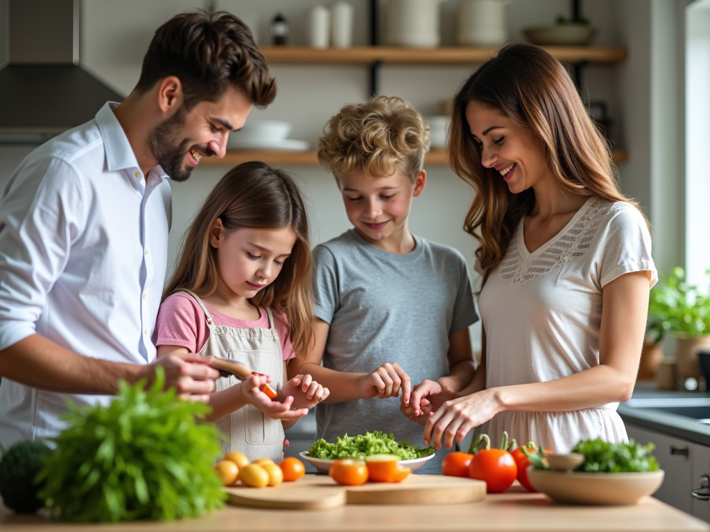 Familie care gătește o masă sănătoasă împreună.