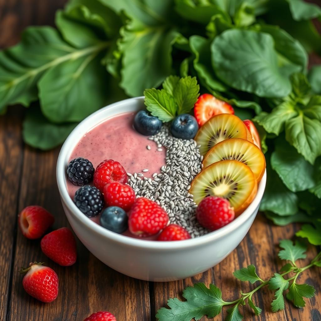 Castron cu smoothie detoxifiant, decorat cu fructe de pădure proaspete, semințe de chia și felii de kiwi, așezat pe o masă rustică din lemn.