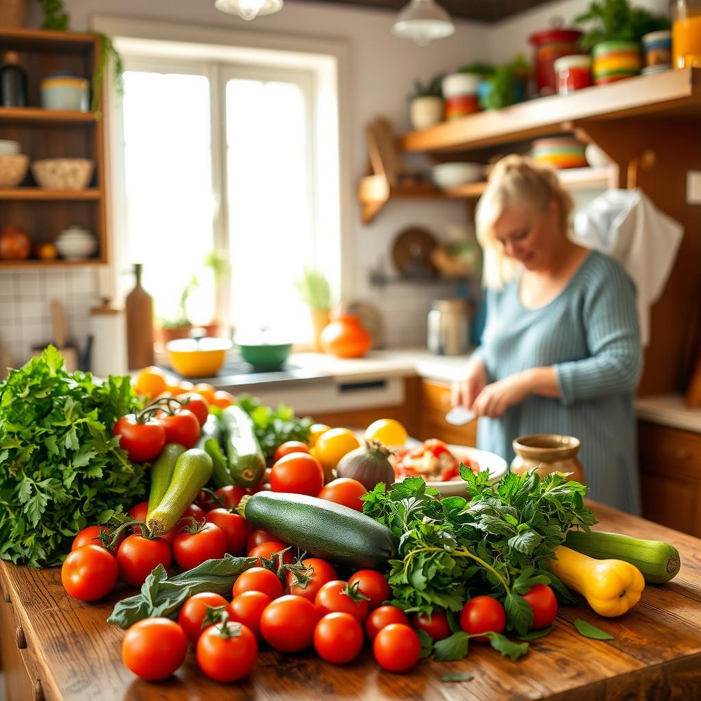 O bucătărie primitoare cu o masă din lemn plină de legume proaspete, unde o persoană taie legume zâmbind, cu ustensile colorate în fundal.