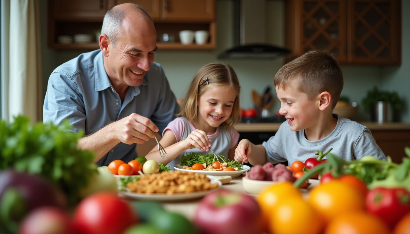 O familie fericită luând masa împreună la o masă plină de legume și fructe proaspete.