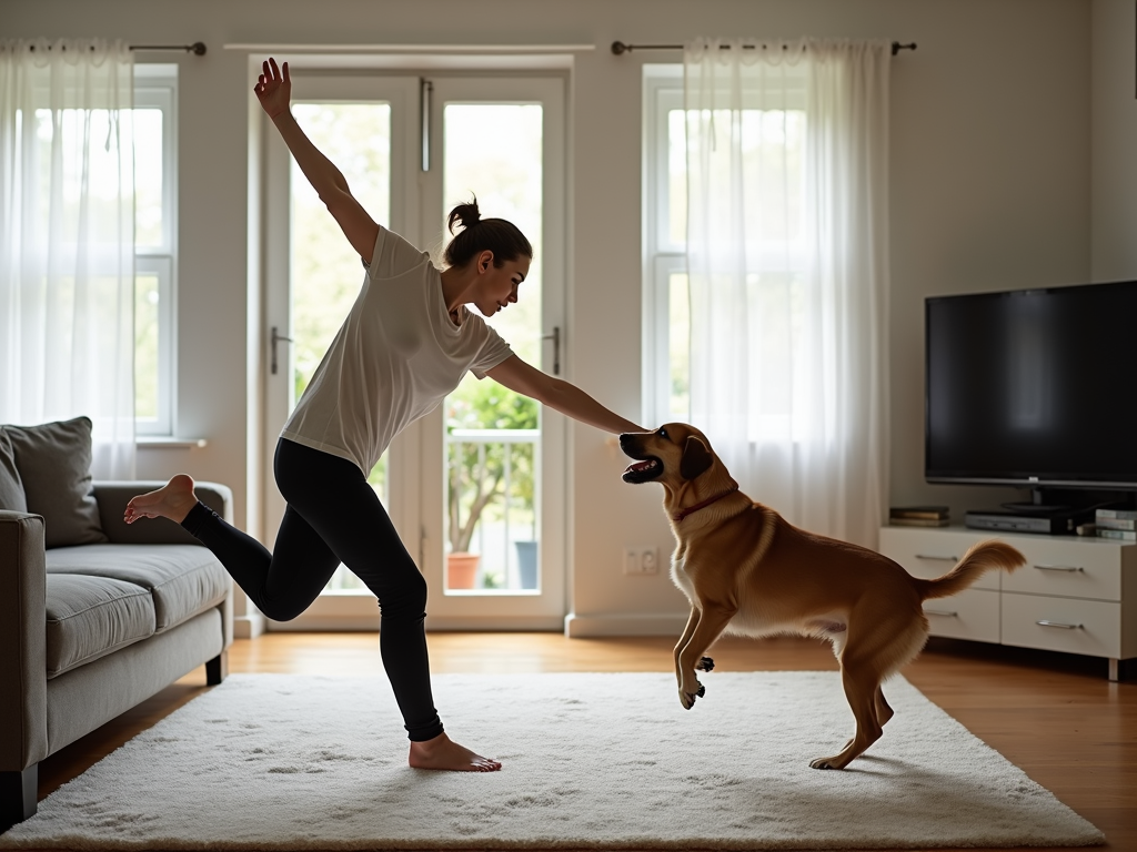Persoană care face stretching acasă cu un câine jucăuș