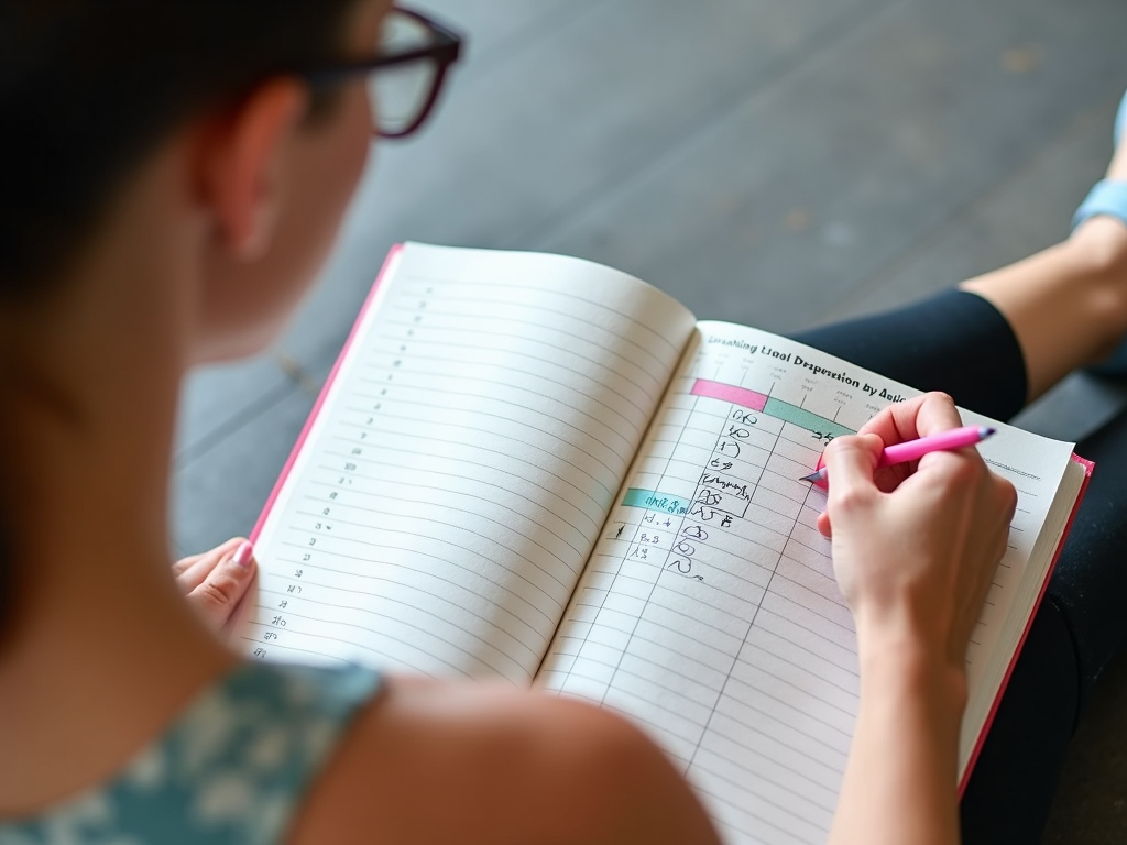 Persoană care își urmărește progresul antrenamentului HIIT într-un jurnal sau pe o aplicație de fitness, cu un calendar sau grafic vizibil.