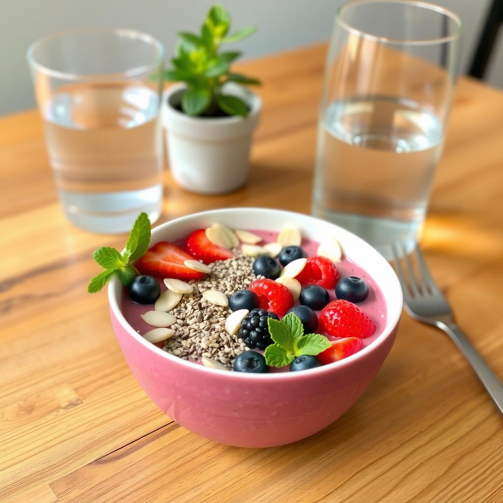 Bol de smoothie colorat cu fructe de pădure proaspete, semințe de chia și migdale feliate, așezat pe o masă de lemn, cu un pahar de apă și o plantă mică în fundal.