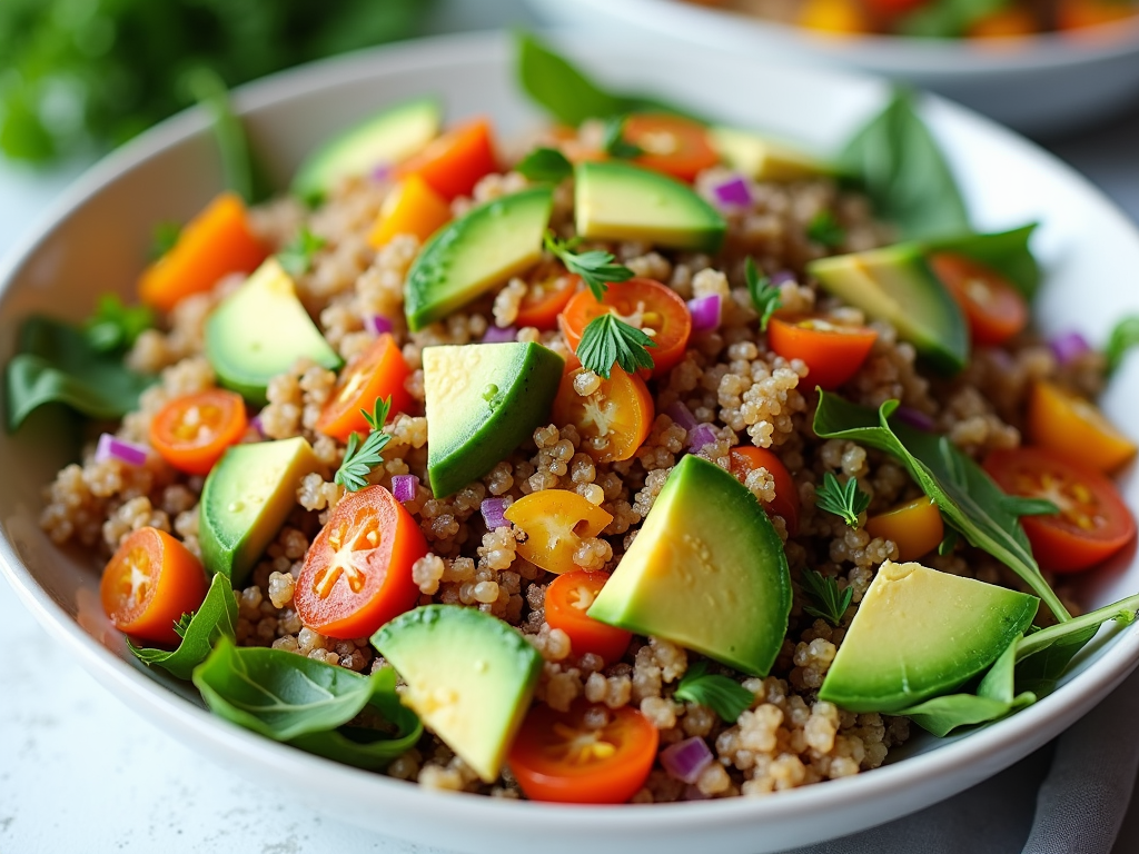 Salată vegană vibrantă cu quinoa, avocado și legume colorate.