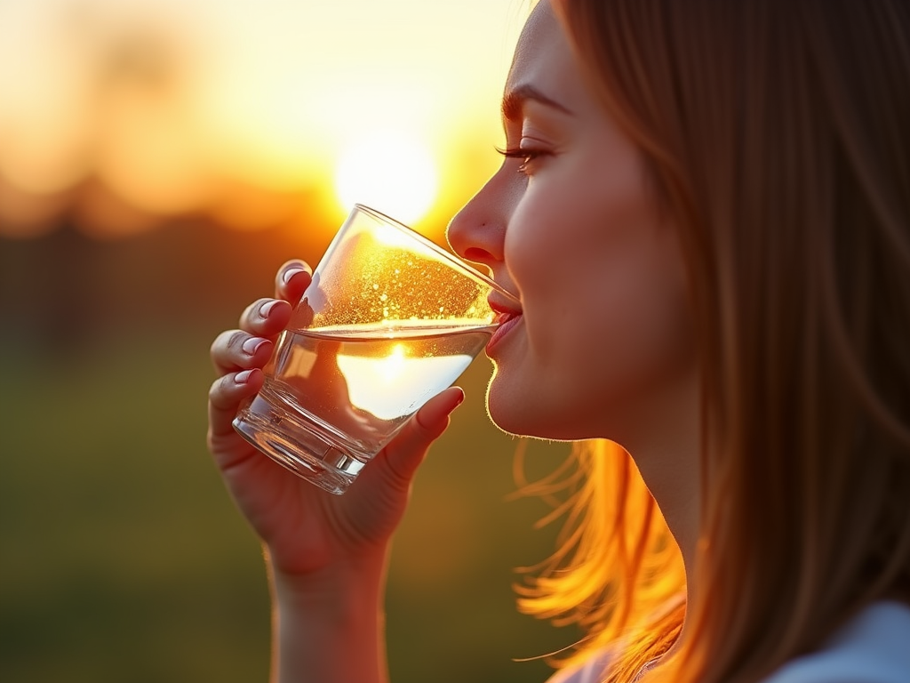 O persoană bea un pahar de apă în lumina dimineții