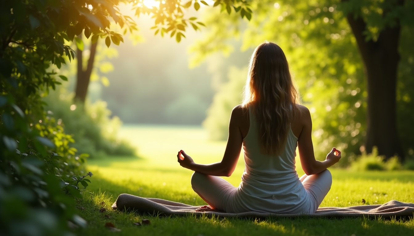 O scenă senină cu o persoană meditând într-un cadru natural pașnic, ilustrând importanța sănătății mentale.
