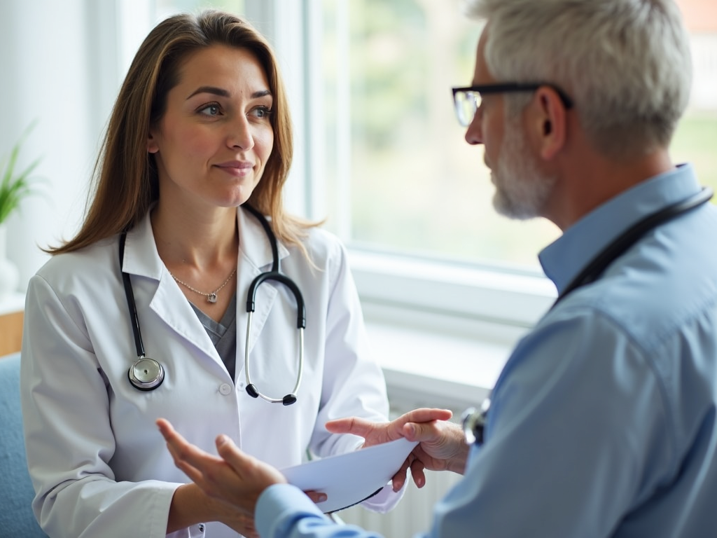 Un medic care consultă un pacient, discutând despre beneficiile pentru sănătate ale slăbitului.
