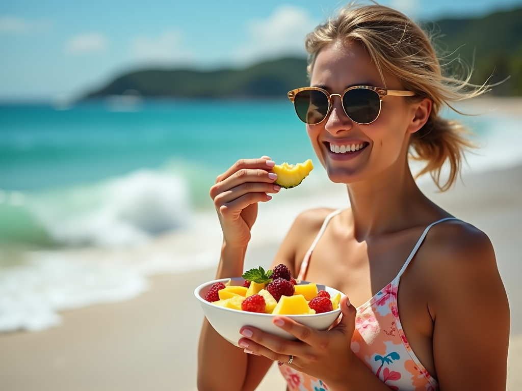 Un călător pe plajă, mâncând o salată de fructe proaspete.